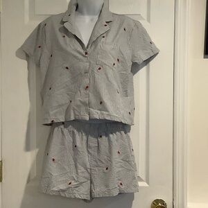 BETTER TOGETHER Dreamy Nights Searsucker Blue/White Striped Strawberry Pajamas L